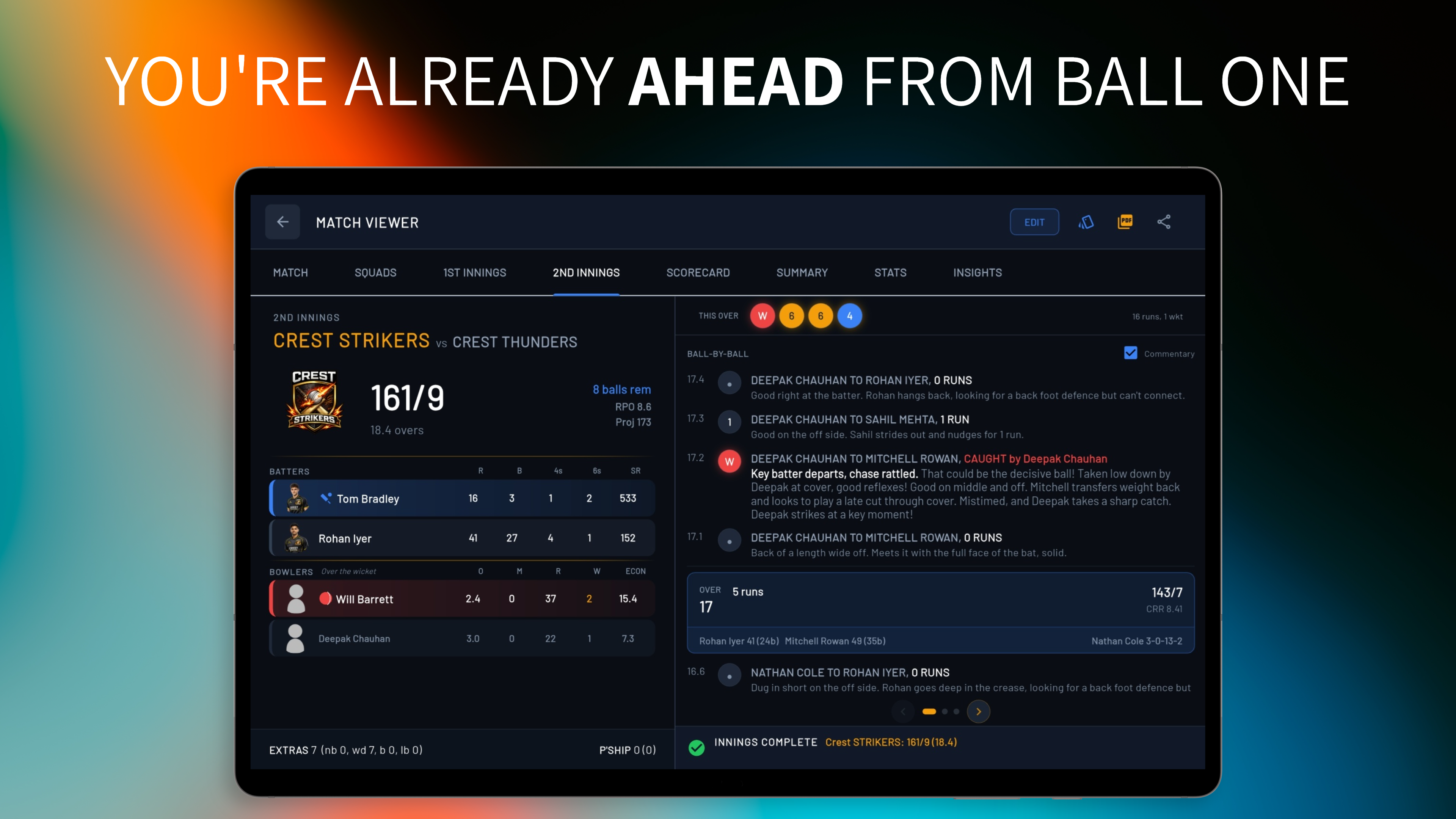 CREST Match Viewer — live scorecard with ball-by-ball commentary