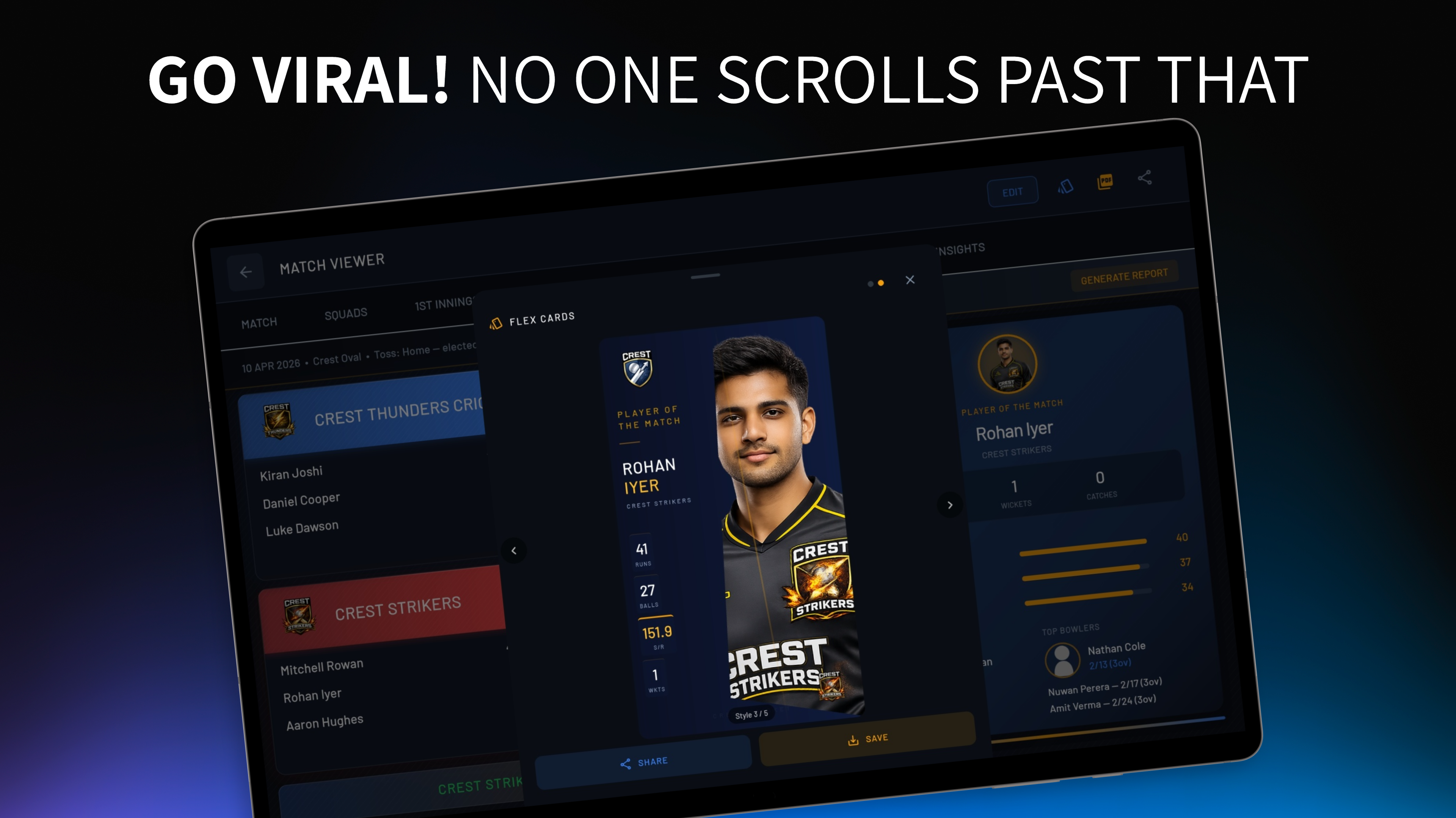 CREST Flex Cards — Player of the Match on tablet
